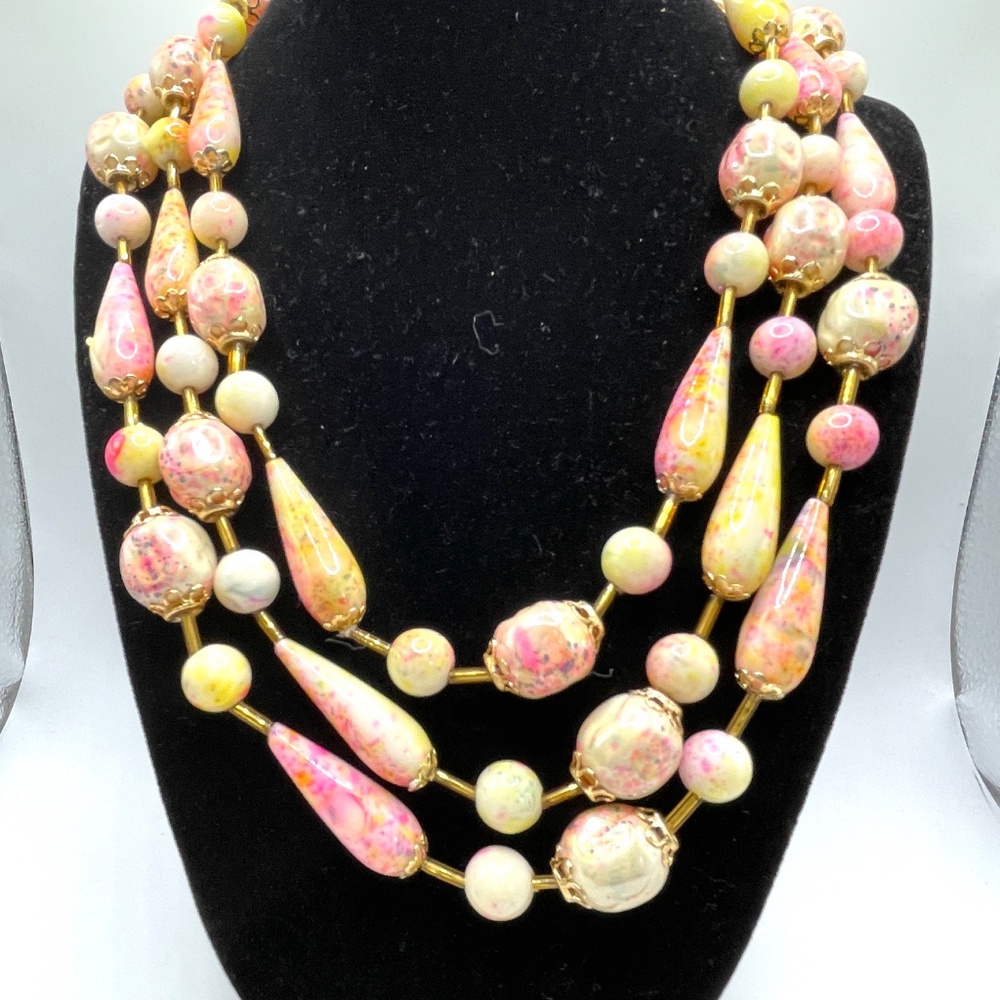 Hong Kong Vintage Acrylic Triple Strand Beaded Necklace Pink Yellow Cream